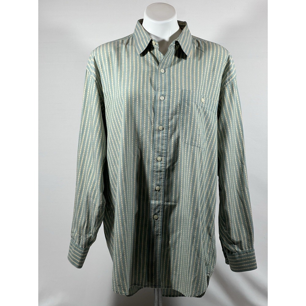 Vintage Ralph Lauren Chaps Shirt Mens 17 34/35 Green‎ Yellow Stripe Button Down